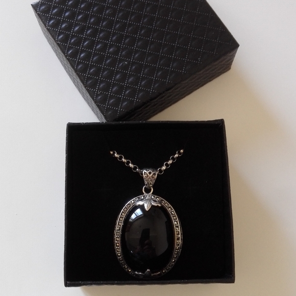 925 sterling silver pendant oval black stone - Picture 3 of 3